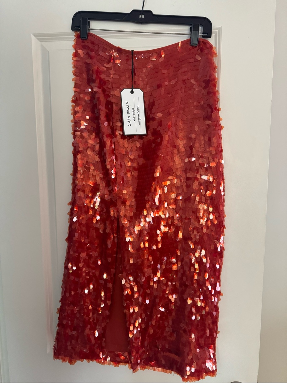 Zara Orange-Red Sequin Midi Skirt